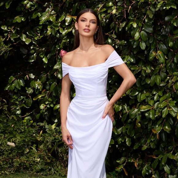NEW FORMAL SHEATH WHITE WEDDING GOWN W/ SCOOP NECK & GATHERED BODICE CD 7433W